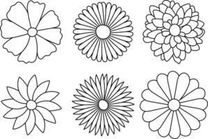 Set of 6 Outlined flowers isolated on white background