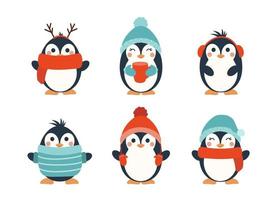 conjunto de invierno de pingüinos de dibujos animados. personaje navideño vector