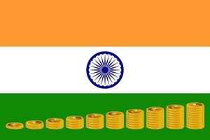 Stacks of golden rupee coins on the background of the flag of India. vector