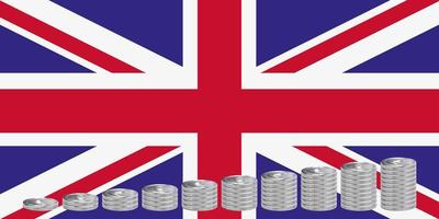 Stacks of silver pound coins on the background of the UK flag. vector