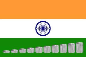 Stacks of silver rupee coins on the background of the flag of India. vector