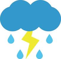 Rain with thunderstorm, vector. Cloud and raindrops in blue, yellow lightning on a white background. vector