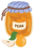 Pear jam in a jar with the inscription. Hand drawn vector illustration. Suitable for website, stickers, gift cards.