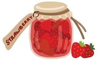 Strawberry jam in a jar with the inscription. Hand drawn vector illustration. Suitable for website, stickers, gift cards.