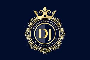 DJ Initial Letter Gold calligraphic feminine floral hand drawn heraldic monogram antique vintage style luxury logo design Premium Vector