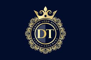 DT Initial Letter Gold calligraphic feminine floral hand drawn heraldic monogram antique vintage style luxury logo design Premium Vector