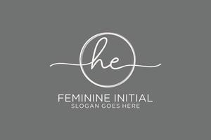 Initial HE handwriting logo with circle template vector logo of initial signature, wedding, fashion, floral and botanical with creative template.