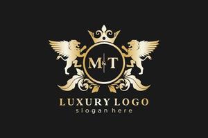 Initial MT Letter Lion Royal Luxury Logo template in vector art for Restaurant, Royalty, Boutique, Cafe, Hotel, Heraldic, Jewelry, Fashion and other vector illustration.