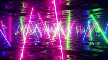 flygande ner en korridor med flerfärgad fluorescerande lampor. oändligt looped animation. video