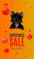 Sale banner with black cat, Christmas ball and bow in orange and red colors. vector