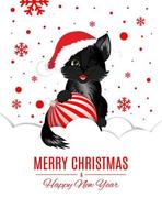 Greeting postcard. Happy new year and Merry Christmas with black cat and Christmas ball. vector