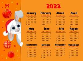 calendario 2023 con símbolo del año liebre o conejo. linda liebre o conejo sentado en un sombrero de navidad. semana comienza el domingo. vector