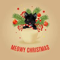 Postcard with black cat, Christmas tree and balls in cup. vector