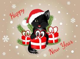 Greeting postcard. Happy new year and Merry Christmas with black cat and red gifts boxes. vector