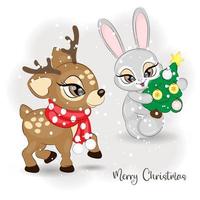 Cute Christmas reindeer with a rabbit vector illustration