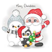 Cute Christmas santa claus snowman and penguin vector illustration