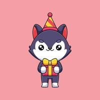 lindo cumpleaños lobo dibujos animados mascota doodle arte dibujado a mano concepto vector kawaii icono ilustración