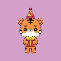 lindo cumpleaños tigre dibujos animados mascota garabato arte dibujado a mano concepto vector kawaii icono ilustración