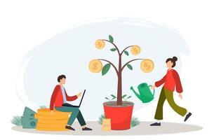 Young people or family watering money tree, investment, family budget, money saving concept, flat vector illustration.