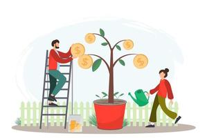 Young people or family watering money tree, investment, family budget, money saving concept, flat vector illustration.