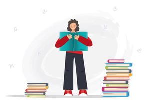 Happy young girl, woman or student reading huge book, reading books, education concept, home library concept, reading is power concept, flat vector illustration