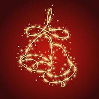 Two bells are drawn one line with sparkling small stars on red background. Festive illustration for Xmas, New Year holiday, wedding, party events. vector