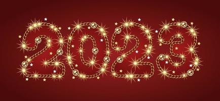 Numbers 2023 made of gold jewelry chains, sparkles, little scattered stars on a red background. No transparency effect. Vector illustration