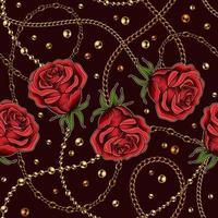 Seamless pattern with red vintage roses, metal chains and beads on dark background. Horizontal composition. Vector illustration.