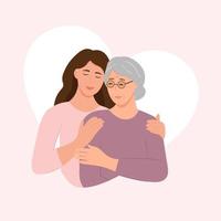 Happy Young woman hugging her old mother with love. Mother and daughter. Mothers day .Portrait of young woman hugging her grandma. Friendly family relationship. vector flat illustration