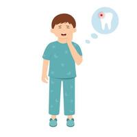 Tooth ache concept.Little boy feeling pain, holding his cheek with hand, suffering from bad toothache. Kid with  painful expression.Caries. Severe tooth pain. Vector illustration