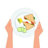 Hands holding plate  with  eggs, sandwich, tomatoes, cucumbers, arugula on a plate for breakfast or lunch. Healthy food. Vector illustration isolated on a white background