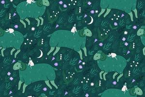 Seamless pattern with cute sheep and girls in the meadow. Vector graphics.