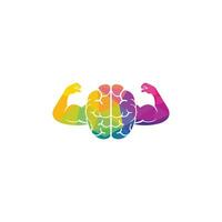 Strong brain vector logo design. Brain with strong double biceps.