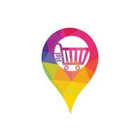 Shopping cart and map pointer logo design. Shopping mall GPS location pointer vector icon logo design template.