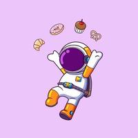 el astronauta feliz está saltando y tirando galletas y el postre dulce vector