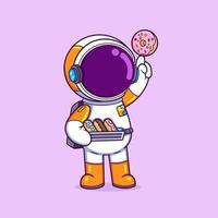 The astronaut is buying many doughnuts and playing trick on hand with it vector