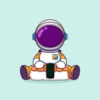 el astronauta tiene mucha hambre y tiene a mano un sushi mediano para comer vector