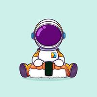 The astronaut is so hungry and having a medium sushi to eat on hand vector