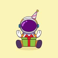 el pequeño astronauta está muy feliz de que recibió una caja de regalo sorpresa y la va a abrir vector