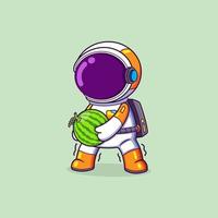 The astronaut is holding and moving the big heavy watermelon vector