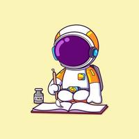 The astronaut is writing on book with ink while sitting and very happy vector