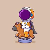 The astronaut is playing with a horse toy with a coin to play it and so happy vector