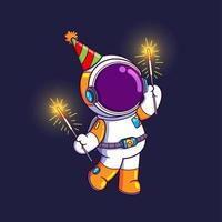 el astronauta feliz está jugando los fuegos artificiales en la noche del año nuevo vector