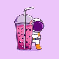 el astronauta sostiene una bebida boba muy grande y la bebe con una pajita vector