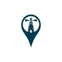 Tower and pin map vector logo design. Lighthouse logo vector illustration.