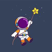 The astronaut is flying in the galaxy with a rope in the small star in the sky vector