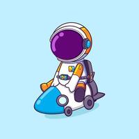 The cute astronaut is riding a small rocket nuclear which have four small wheels vector