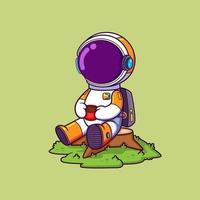 The cute astronaut is enjoying a cup of coffee and sitting on the tree vector