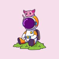 The astronaut is playing with the cute alien and sitting on the astronaut's helmet vector