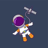 The astronaut is floating in galaxy and using a satellite in the sky vector